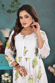 Graceful White & Green Floral Georgette Gown